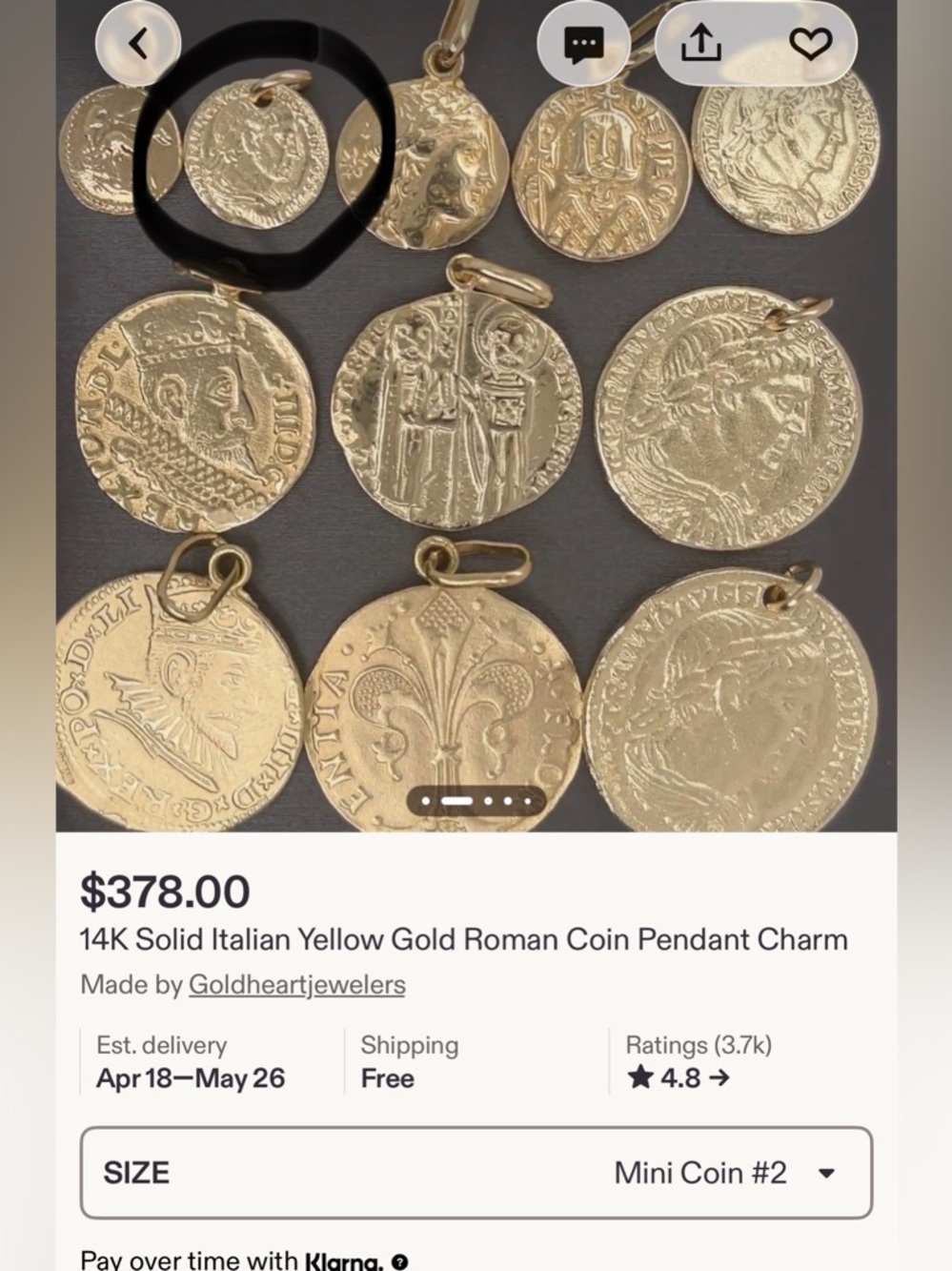 14K Solid Gold Roman Emperor Trajan Coin Pendant Charm (10.5mm x 10.5 mm) - Picture 3 of 4